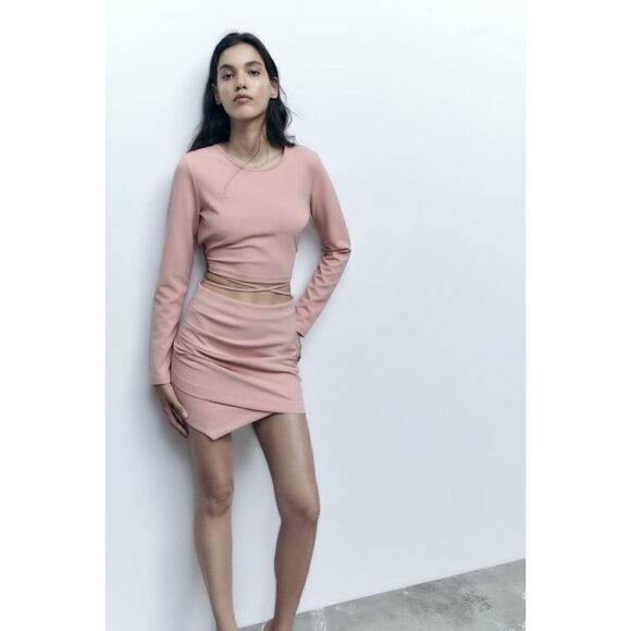 NWT Zara Long Sleeve Crop Top with Bow in Pale Pink, Size XS - Picture 8 of 16